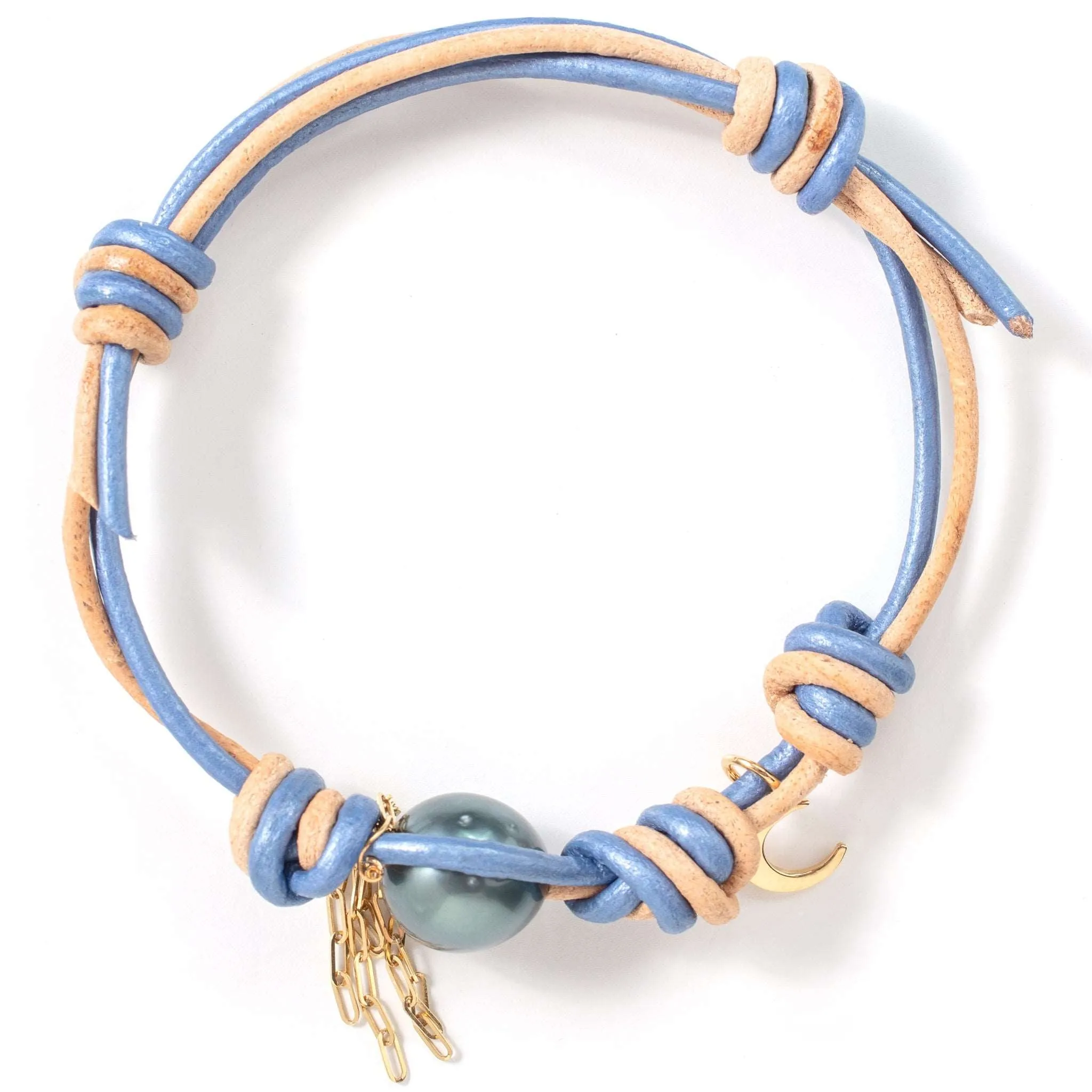 Summer Blue South Sea Pearl Gold Moon Chain Leather Bracelet