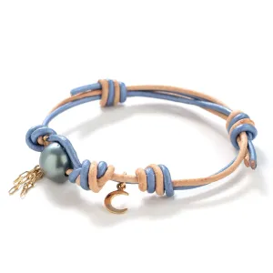 Summer Blue South Sea Pearl Gold Moon Chain Leather Bracelet