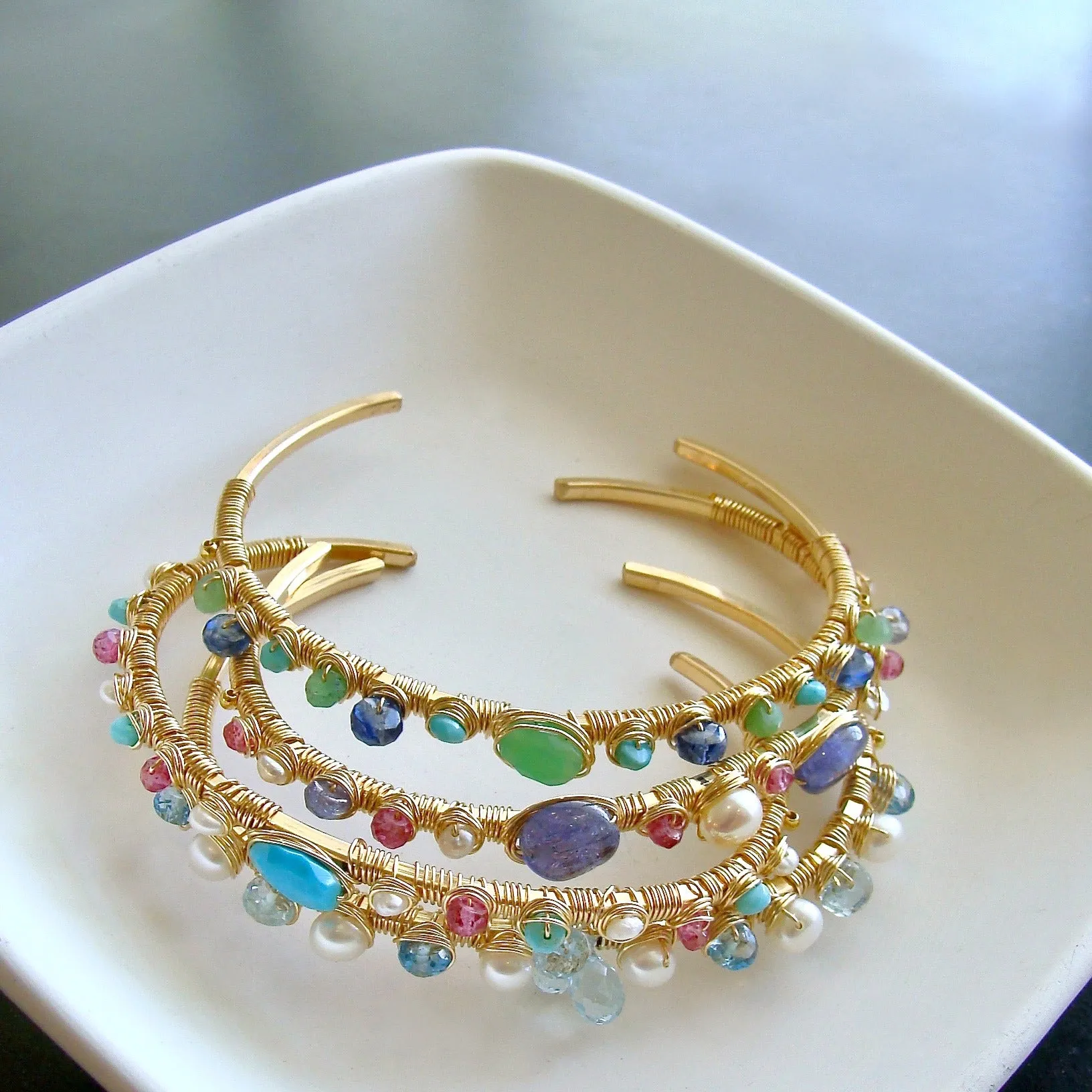 Tanzanite Pink Topaz Pearls Hand Wrapped Cuff Bracelet - Emeline Stacking Bracelet