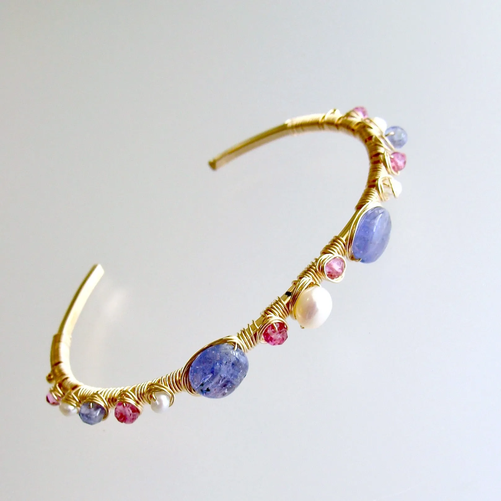 Tanzanite Pink Topaz Pearls Hand Wrapped Cuff Bracelet - Emeline Stacking Bracelet