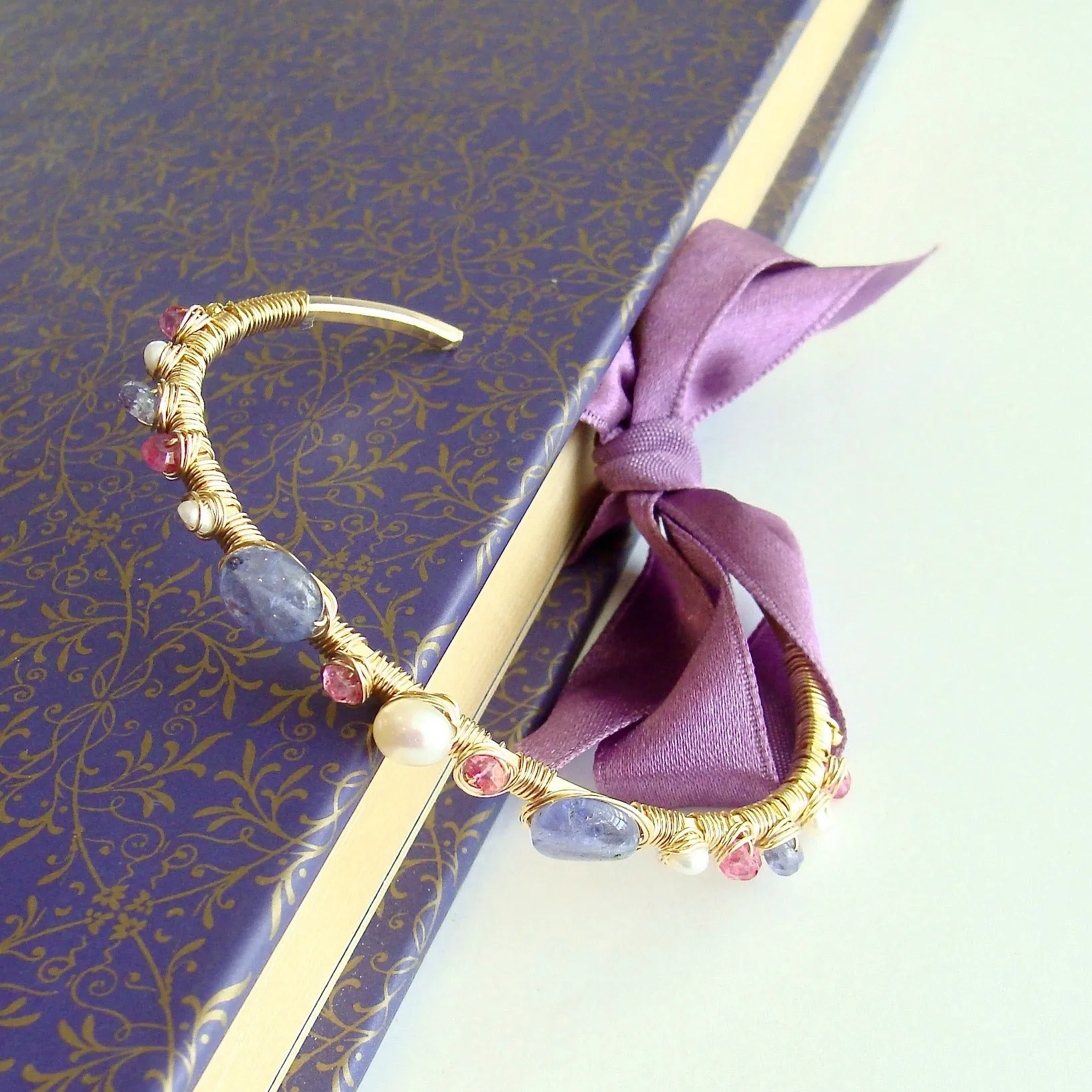 Tanzanite Pink Topaz Pearls Hand Wrapped Cuff Bracelet - Emeline Stacking Bracelet