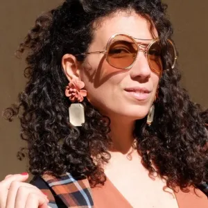 Terracotta Hibiscus Earrings - Emerald Cut Hand Painted Resin Pendant