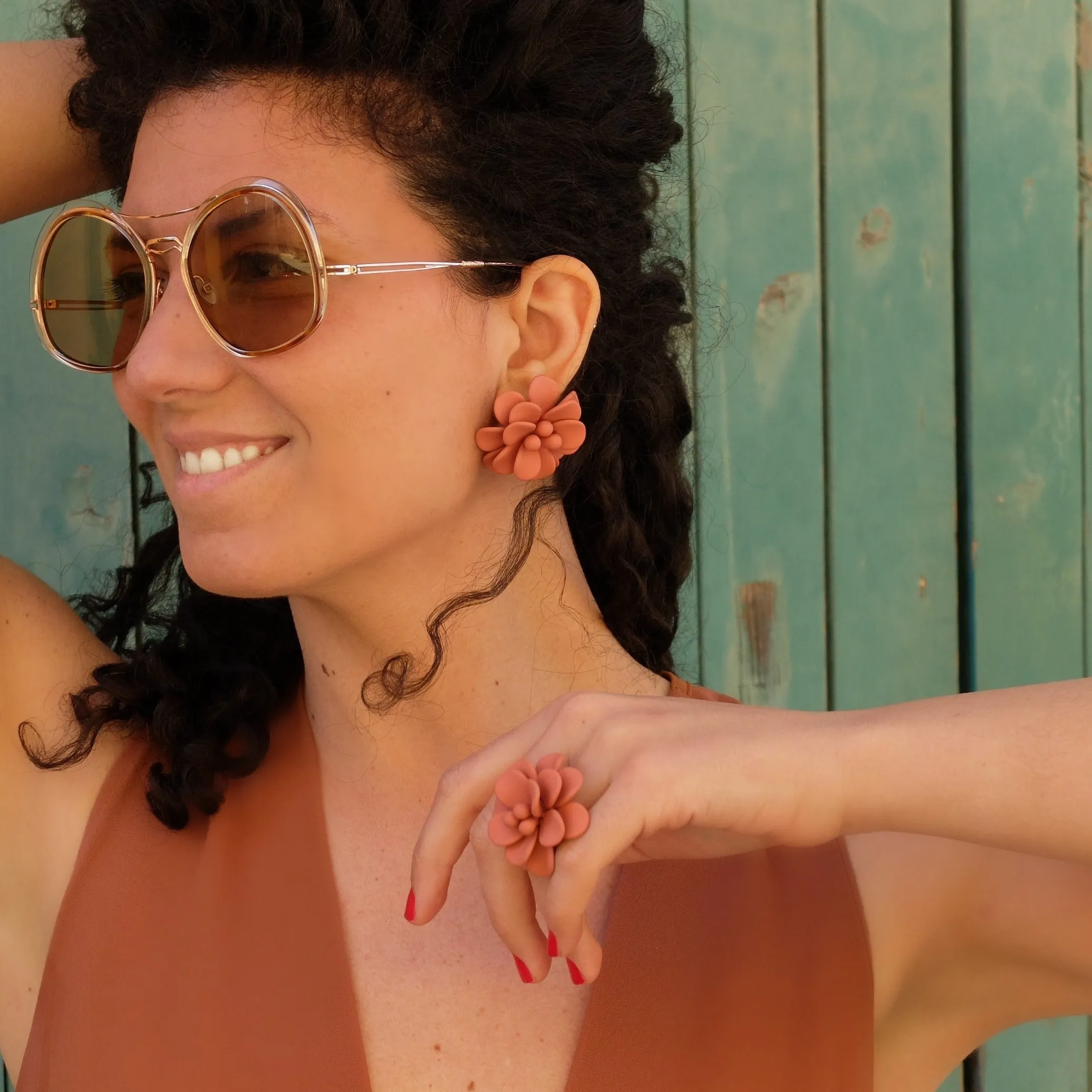 Terracotta Hibiscus Silk Effect Adjustable Ring