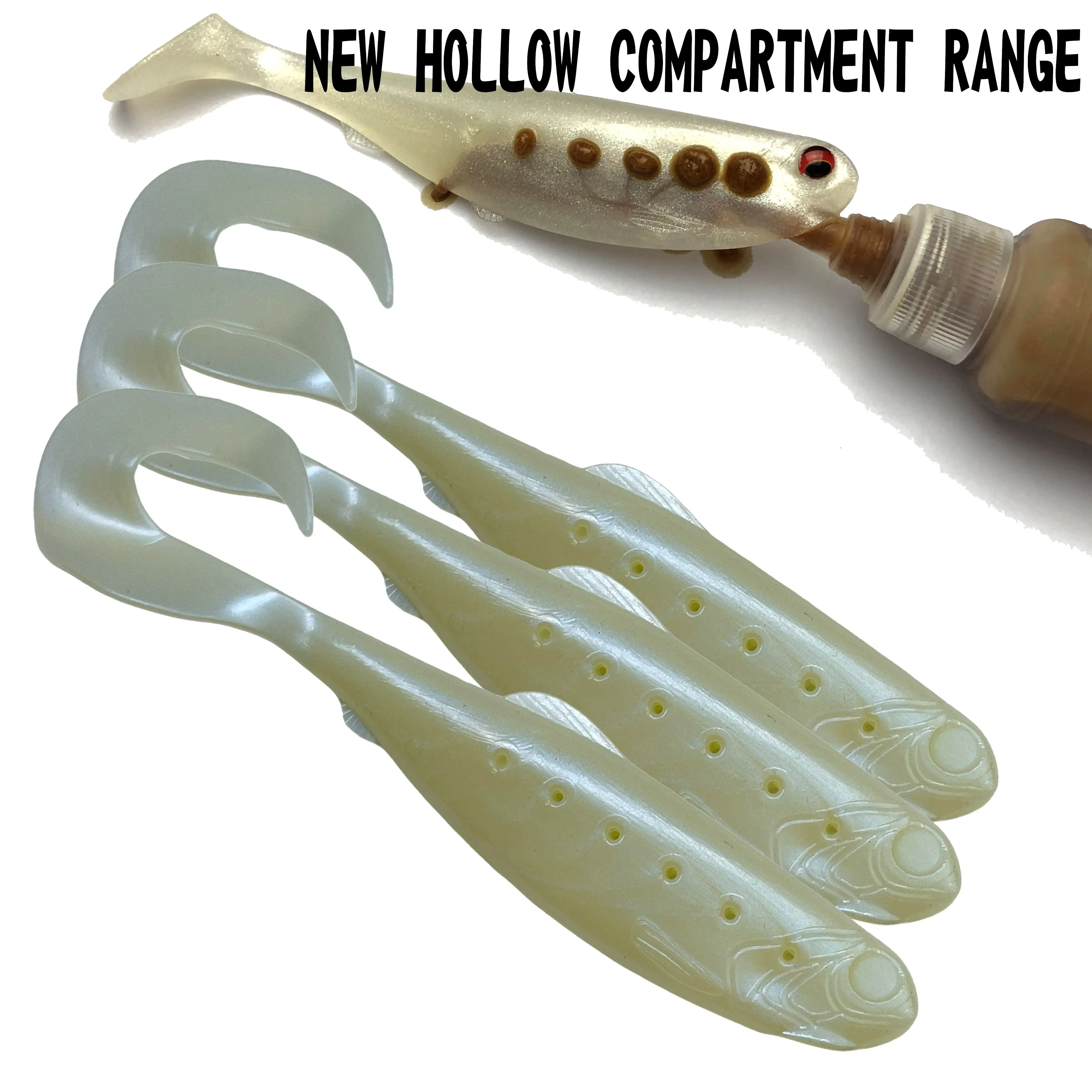 The Wombat white curl tail soft plastic new hollow compartment pack of 3
