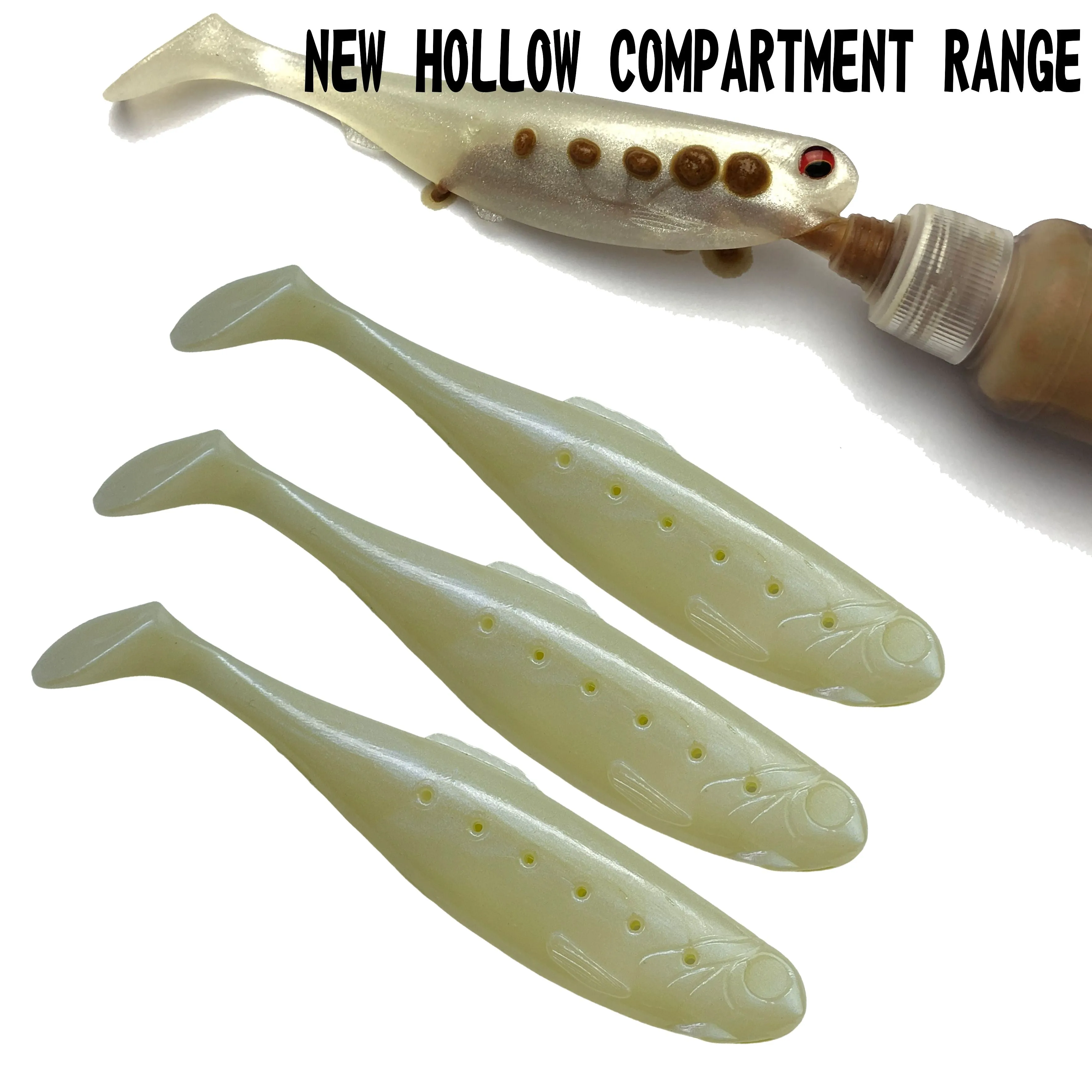 The Wombat white paddle tail soft plastic new hollow compartment pack of 3