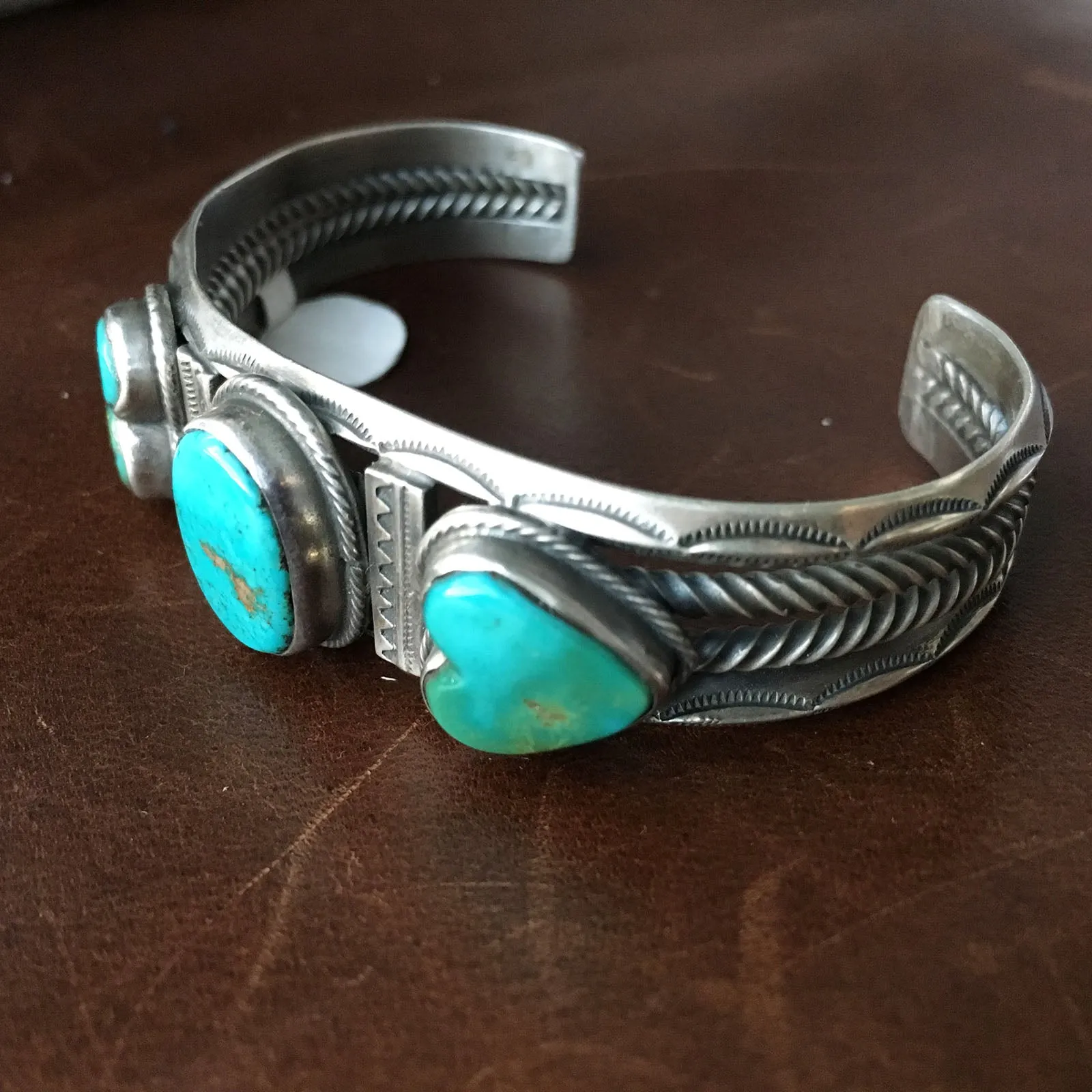 Three Stone Heart Shaped Royston Turquoise Bracelet Cuff Signed Vintage