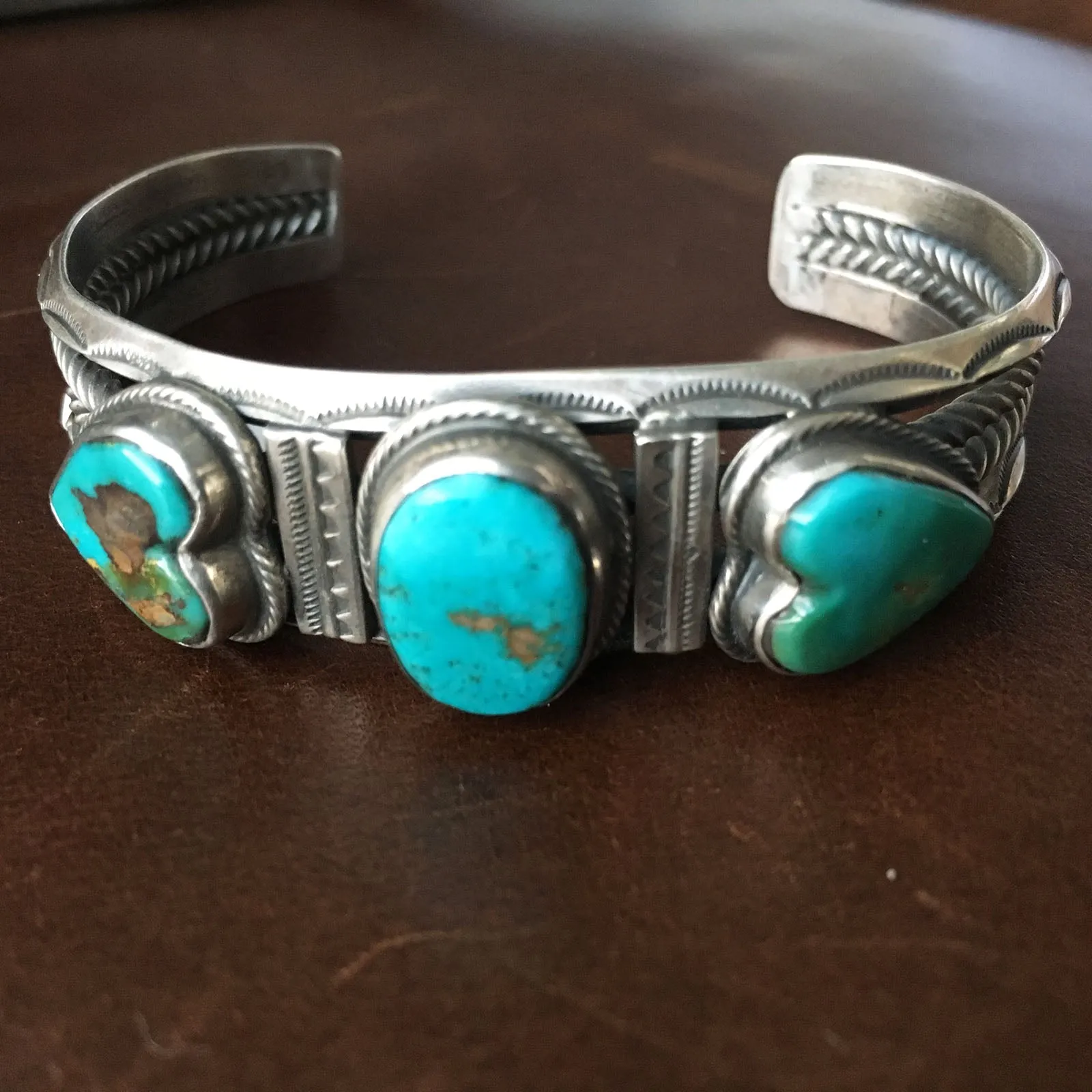 Three Stone Heart Shaped Royston Turquoise Bracelet Cuff Signed Vintage