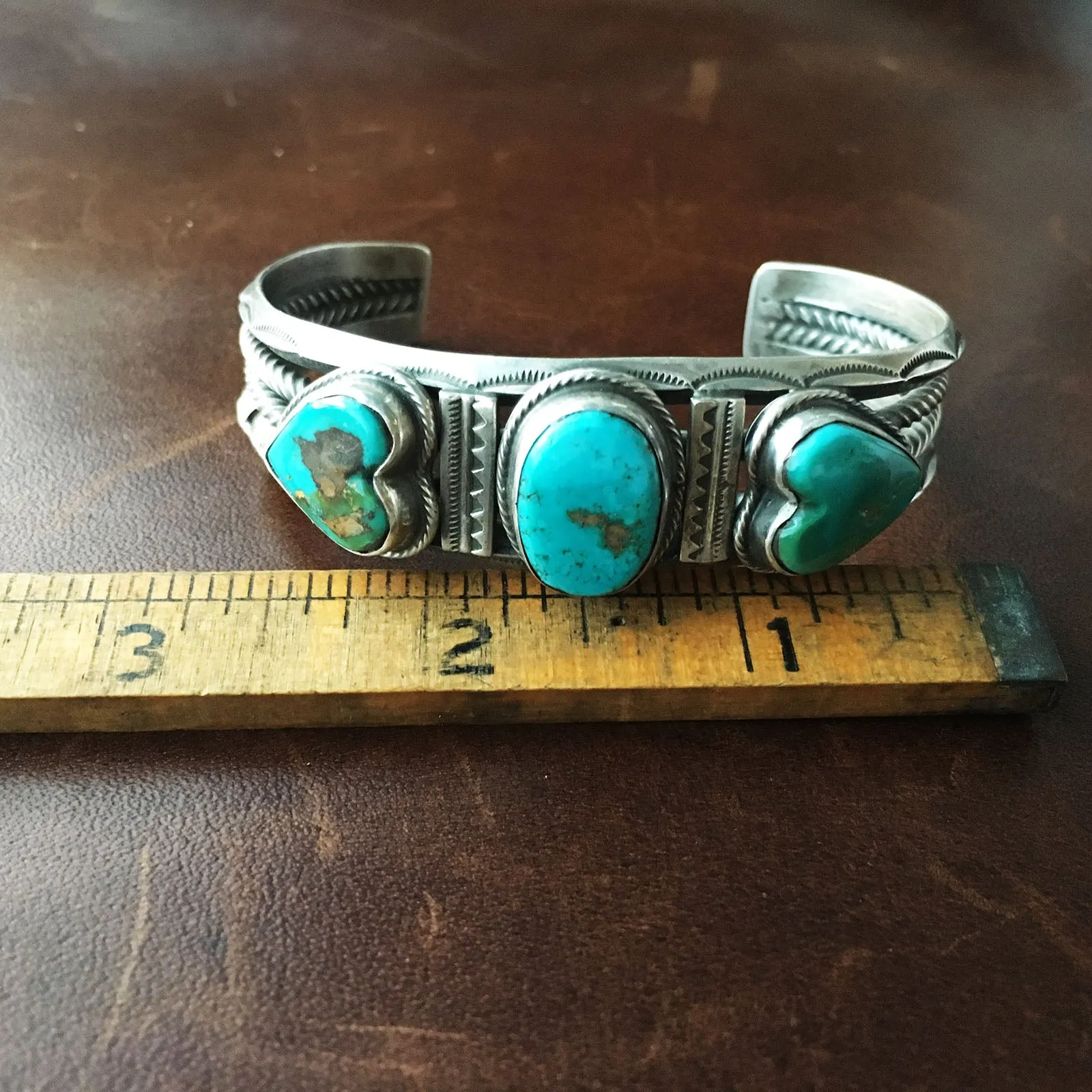 Three Stone Heart Shaped Royston Turquoise Bracelet Cuff Signed Vintage