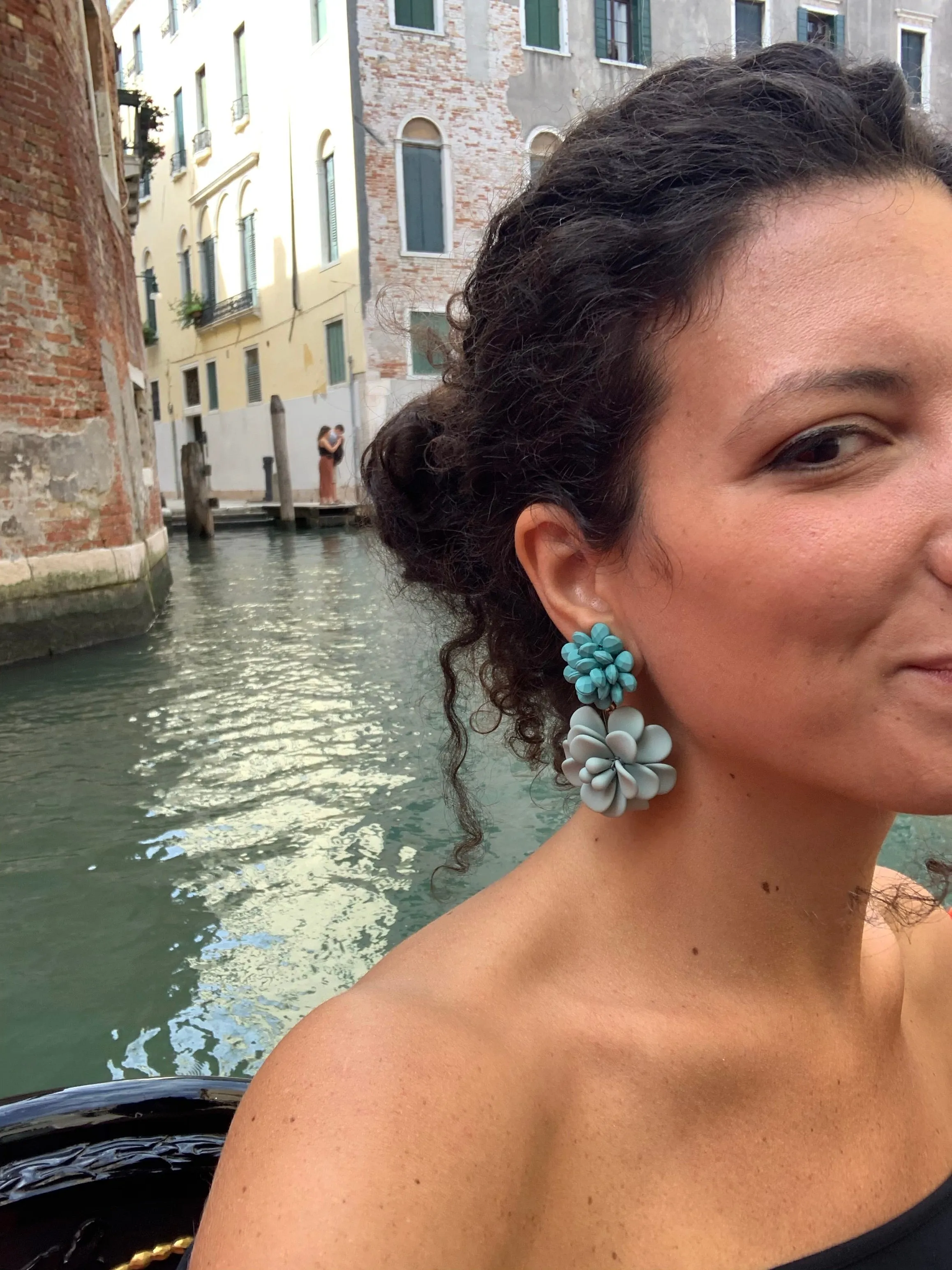 Turquoise and Mint Hibiscus Silk Effect - Double Pendant Earrings
