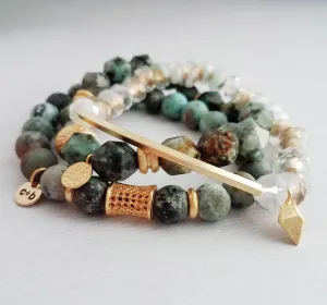 Turquoise Stone Bracelet Set, African Turquoise bracelet, blue green bracelet, matte stone bracelet, elastic gemstone bracelet, chunky bead