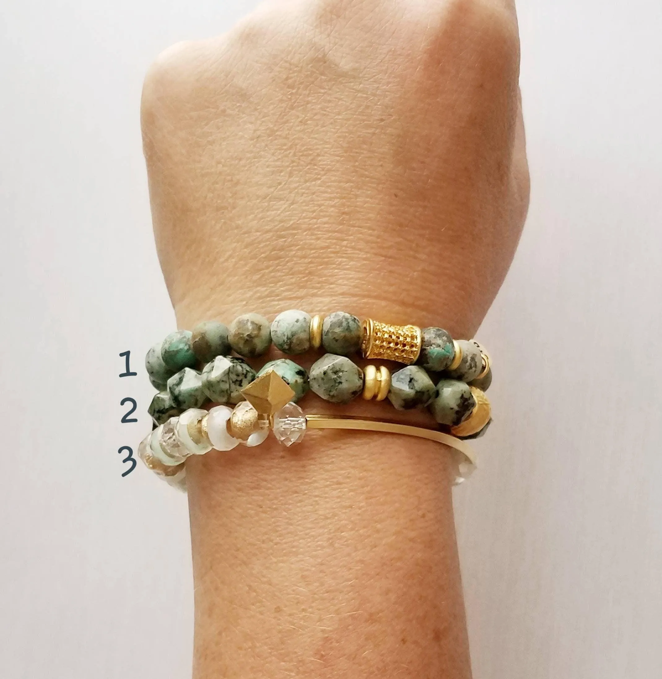 Turquoise Stone Bracelet Set, African Turquoise bracelet, blue green bracelet, matte stone bracelet, elastic gemstone bracelet, chunky bead