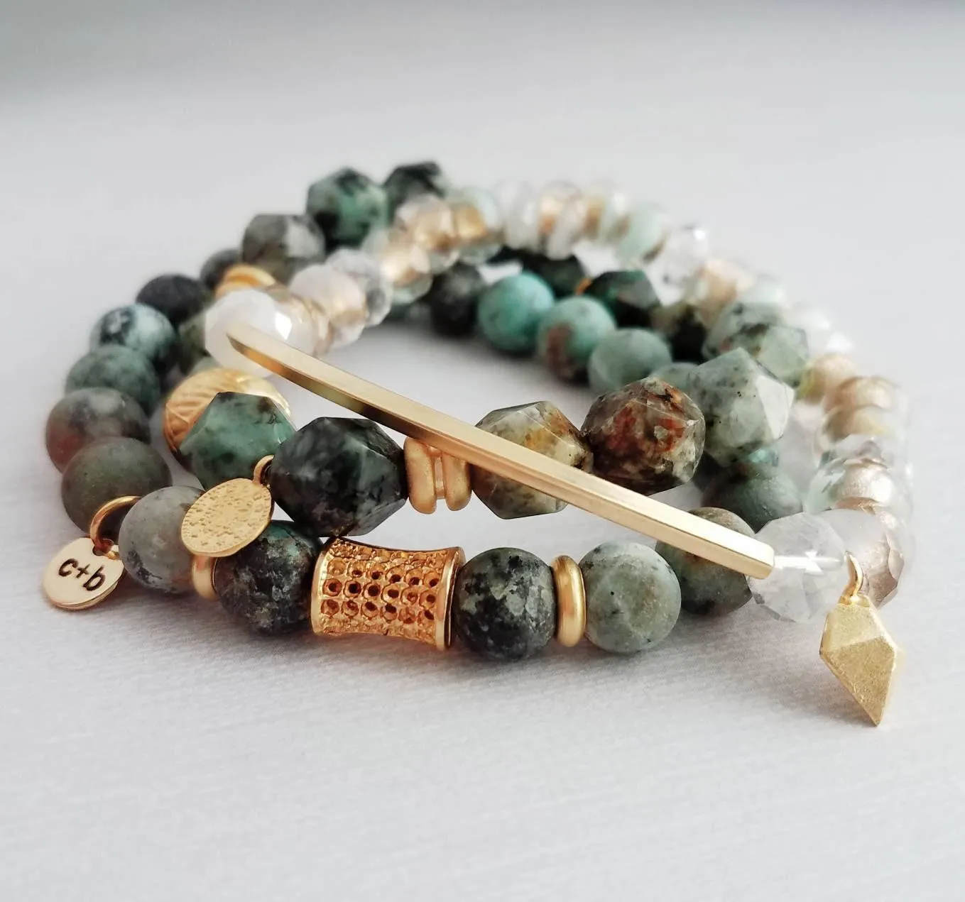 Turquoise Stone Bracelet Set, African Turquoise bracelet, blue green bracelet, matte stone bracelet, elastic gemstone bracelet, chunky bead