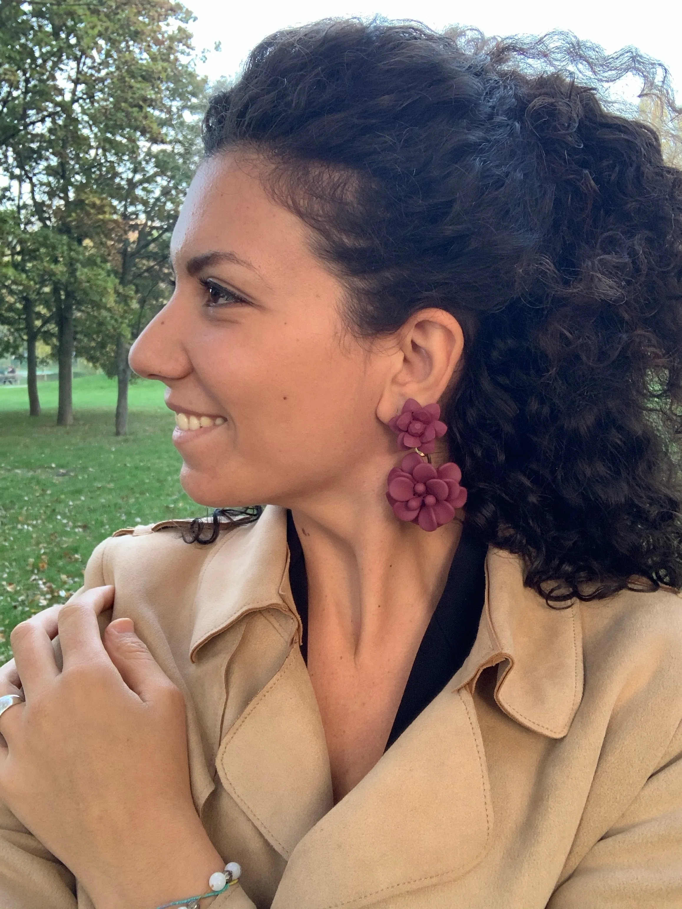 Tuscany Grape Purple Hibiscus Silk Effect - Double Pendant Earrings
