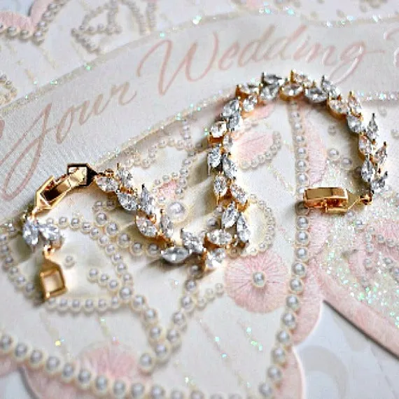Two Tone 18K White Gold/Gold Plated Cubic Zirconia Bridal Bracelet. CZ Leaf Tennis Bracelet. Crystal Wheat Bracelet. Crystal Wedding Jewelry