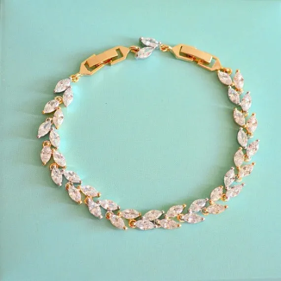 Two Tone 18K White Gold/Gold Plated Cubic Zirconia Bridal Bracelet. CZ Leaf Tennis Bracelet. Crystal Wheat Bracelet. Crystal Wedding Jewelry