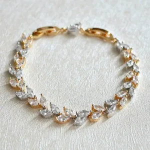 Two Tone 18K White Gold/Gold Plated Cubic Zirconia Bridal Bracelet. CZ Leaf Tennis Bracelet. Crystal Wheat Bracelet. Crystal Wedding Jewelry