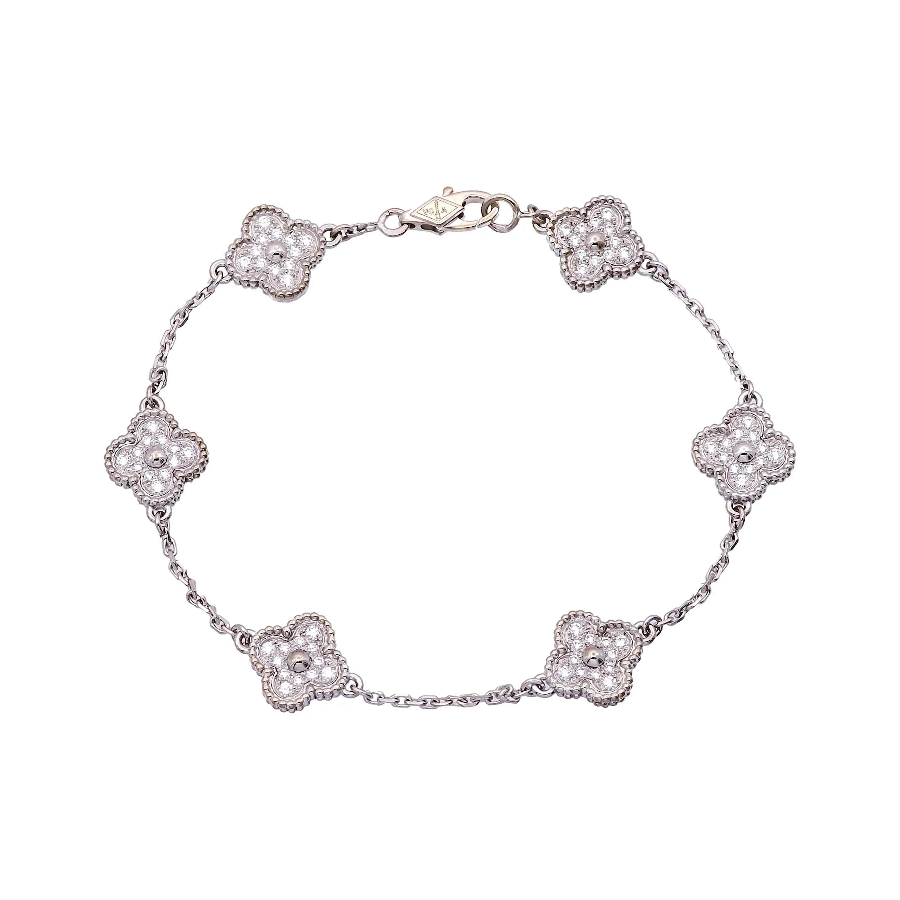 Van Cleef & Arpels 18K White Gold Sweet Alhambra Diamond Bracelet 6 Motif