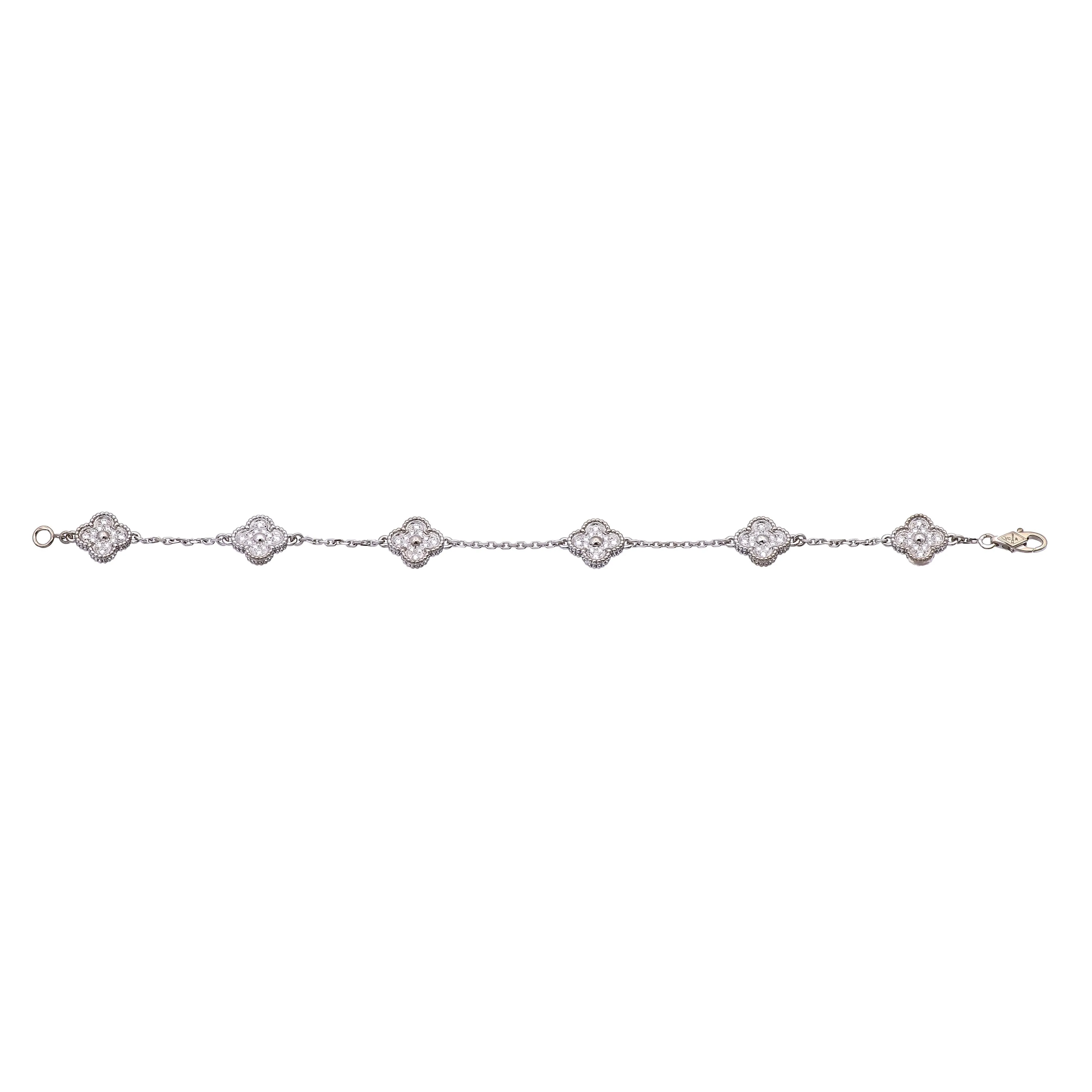 Van Cleef & Arpels 18K White Gold Sweet Alhambra Diamond Bracelet 6 Motif