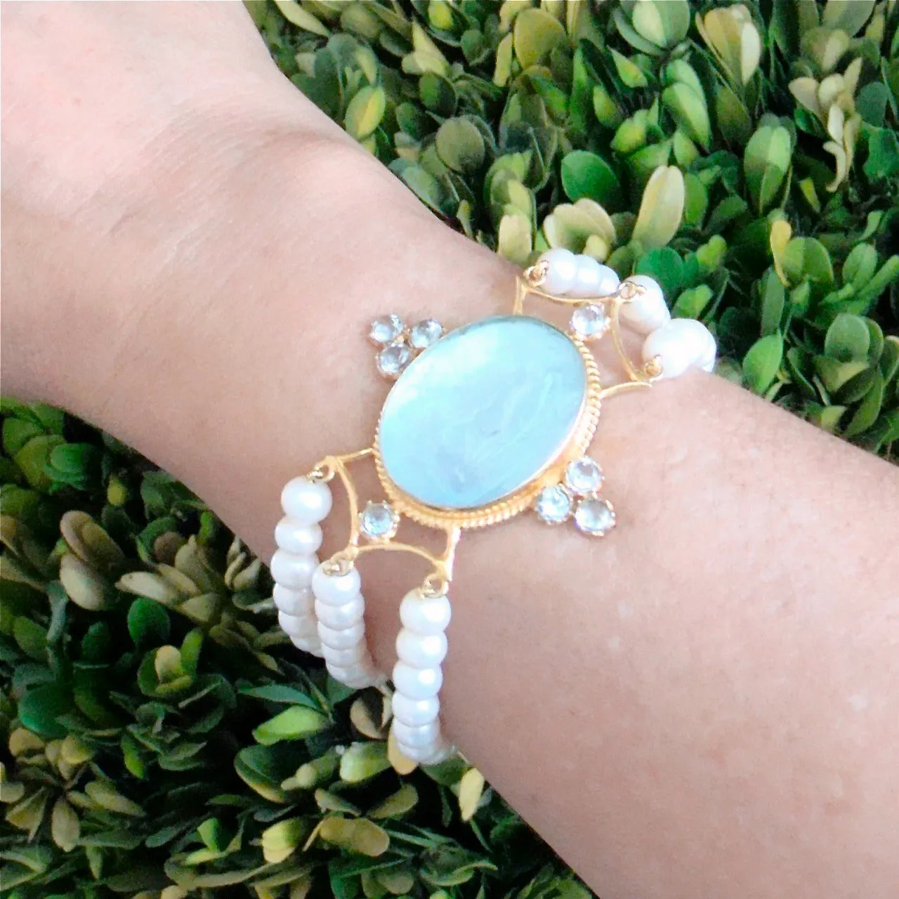Venetian Glass Intaglio Sleeping Maiden and Horse Pearl Blue Topaz Bracelet - Alberobello Bracelet