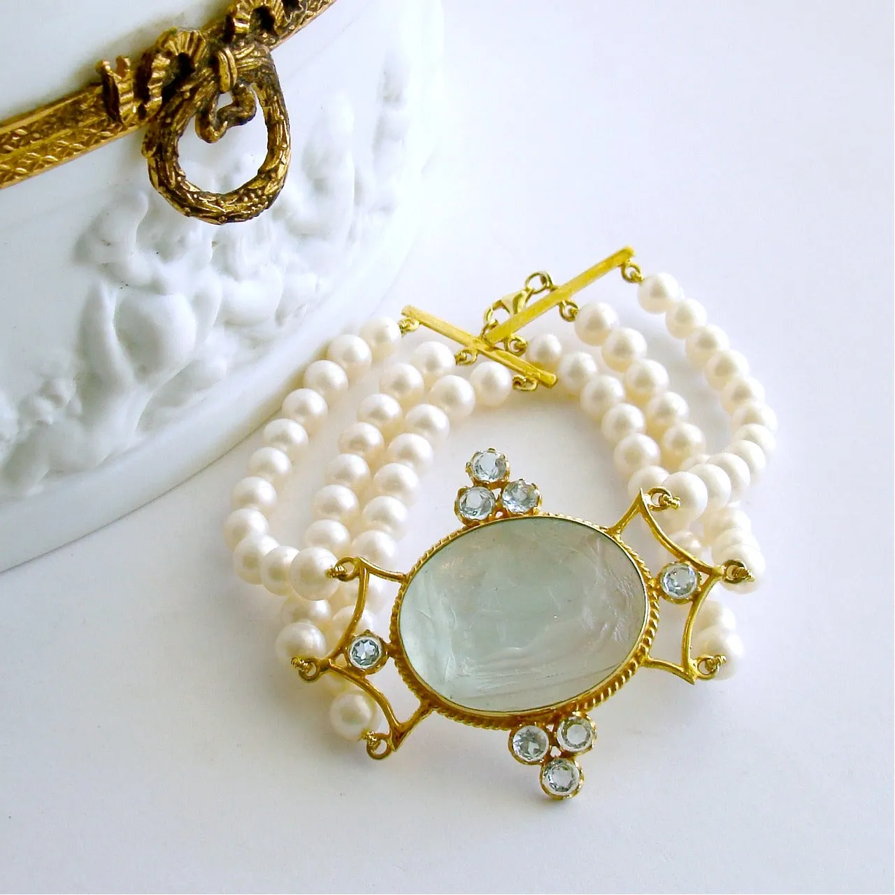 Venetian Glass Intaglio Sleeping Maiden and Horse Pearl Blue Topaz Bracelet - Alberobello Bracelet
