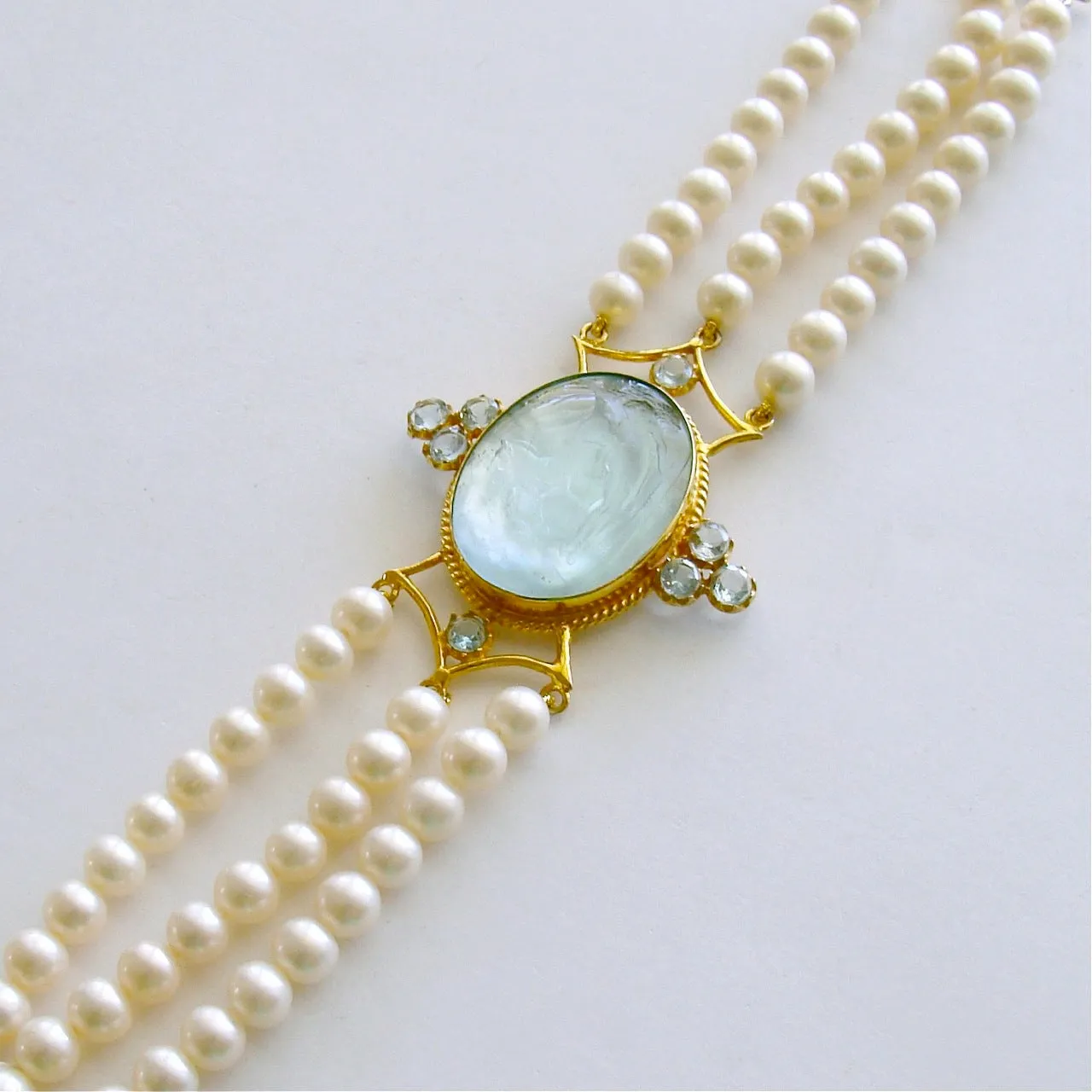 Venetian Glass Intaglio Sleeping Maiden and Horse Pearl Blue Topaz Bracelet - Alberobello Bracelet