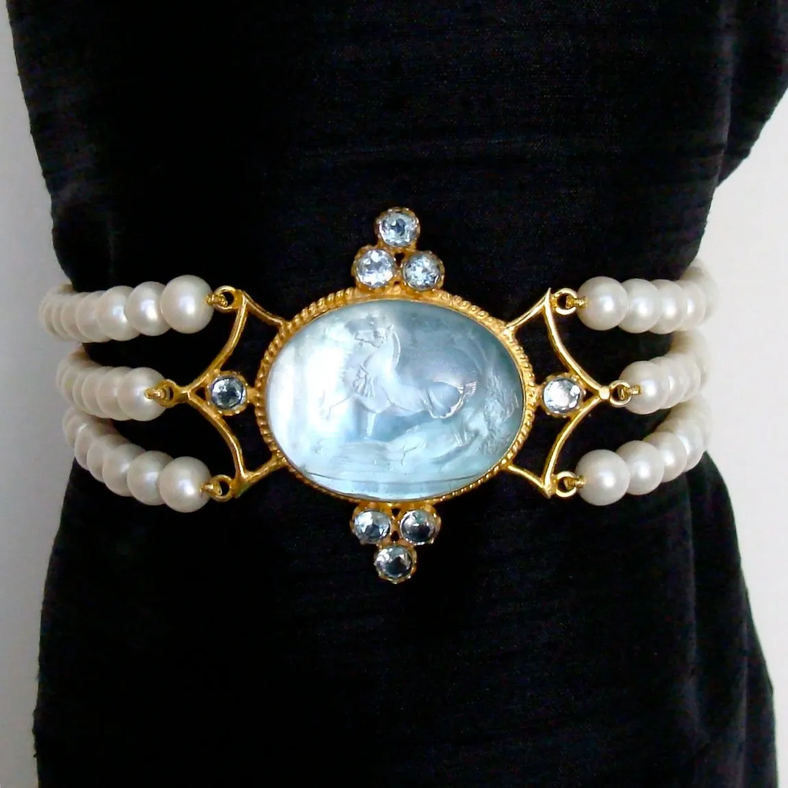 Venetian Glass Intaglio Sleeping Maiden and Horse Pearl Blue Topaz Bracelet - Alberobello Bracelet