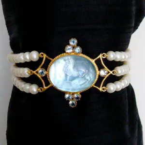 Venetian Glass Intaglio Sleeping Maiden and Horse Pearl Blue Topaz Bracelet - Alberobello Bracelet