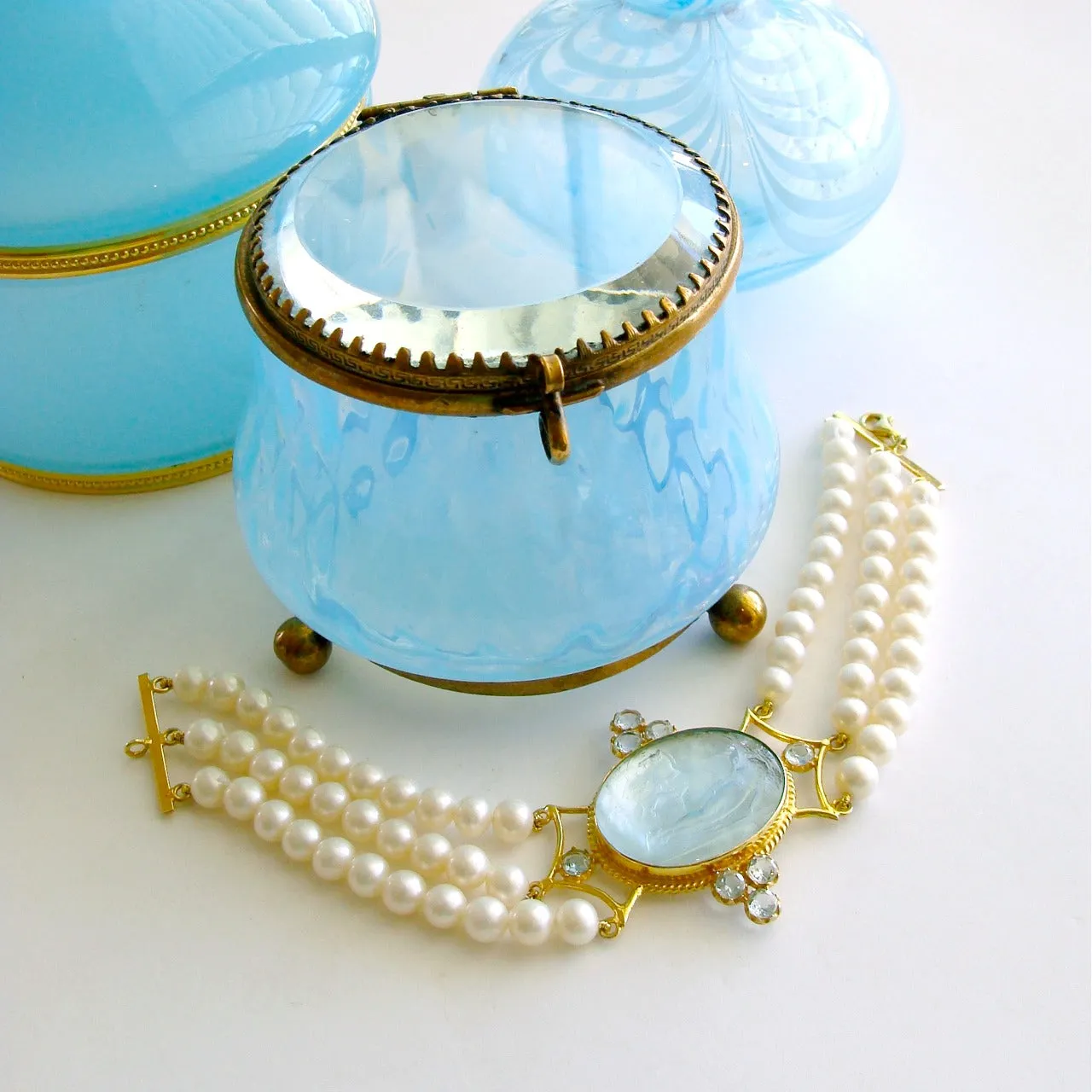Venetian Glass Intaglio Sleeping Maiden and Horse Pearl Blue Topaz Bracelet - Alberobello Bracelet