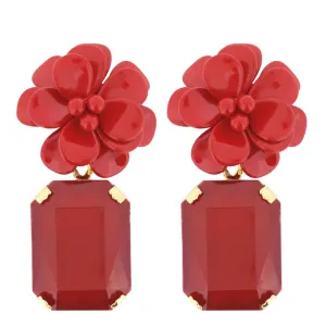 Venetian Red Hibiscus Earrings - Emerald Cut Hand Painted Resin Pendant