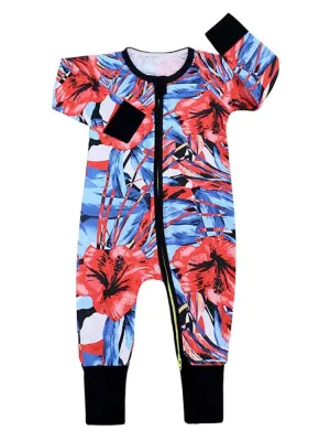 Vibrant Hibiscus Red, White and Blue Baby Zip Sleepsuit with Hand & Feet Cuffs