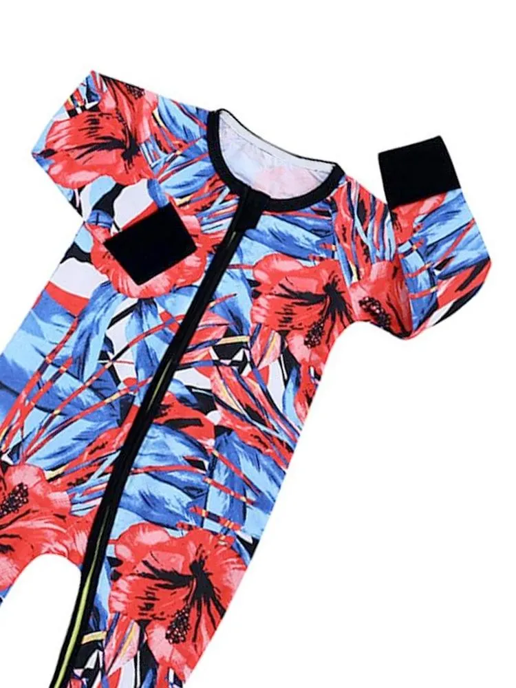 Vibrant Hibiscus Red, White and Blue Baby Zip Sleepsuit with Hand & Feet Cuffs