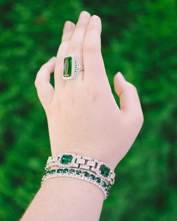 Vintage Art Deco Emerald and Clear Diamante Rhinestone Bracelet