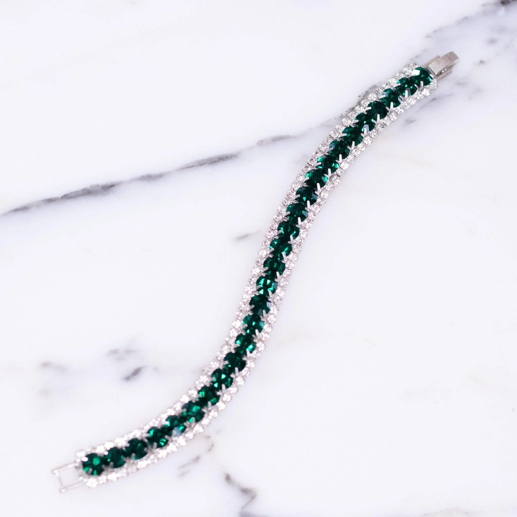 Vintage Art Deco Emerald and Clear Diamante Rhinestone Bracelet