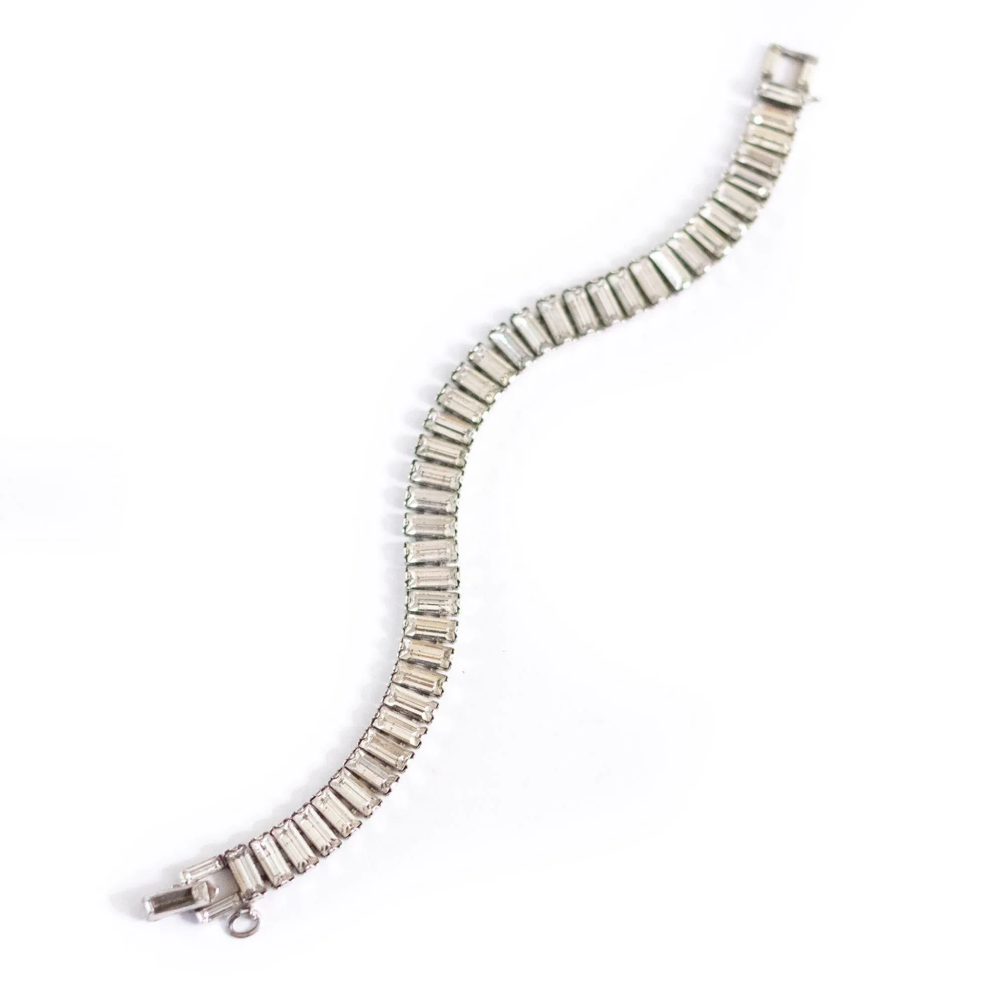 Vintage Art Deco Emerald Cut Crystal Rhinestone Line Bracelet