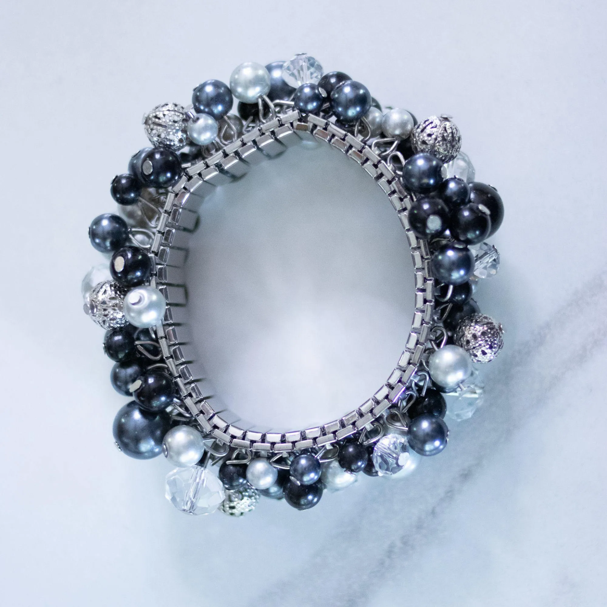Vintage Cha Cha Bracelet with Black, Clear, Gold Gold Beads and Faux Pearls