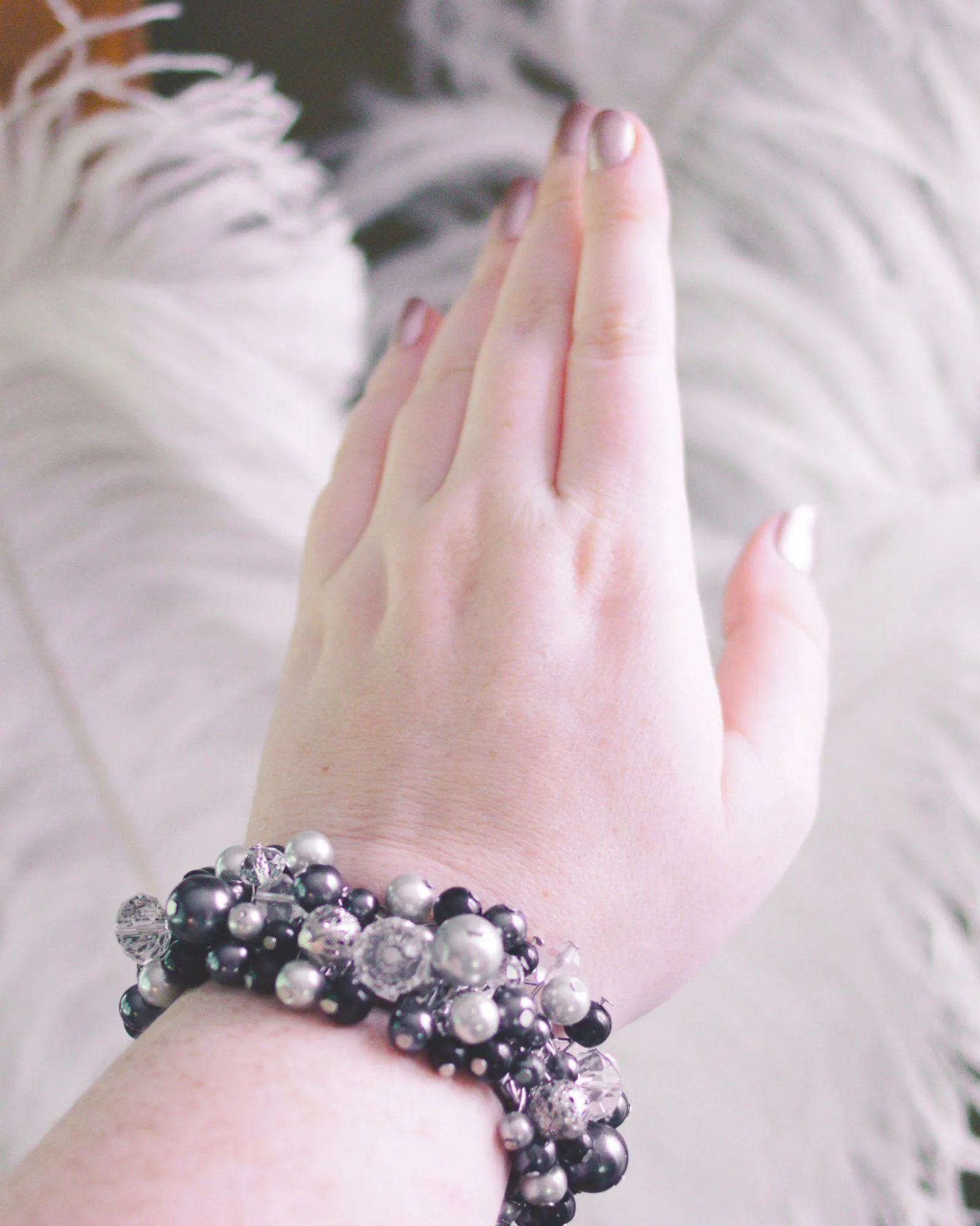 Vintage Cha Cha Bracelet with Black, Clear, Gold Gold Beads and Faux Pearls