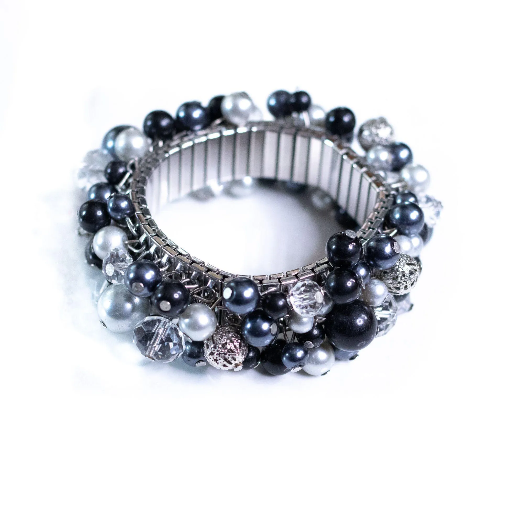 Vintage Cha Cha Bracelet with Black, Clear, Gold Gold Beads and Faux Pearls