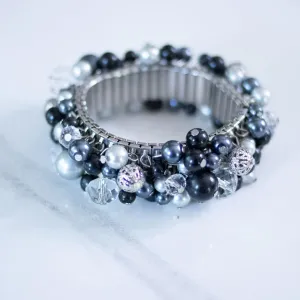 Vintage Cha Cha Bracelet with Black, Clear, Gold Gold Beads and Faux Pearls
