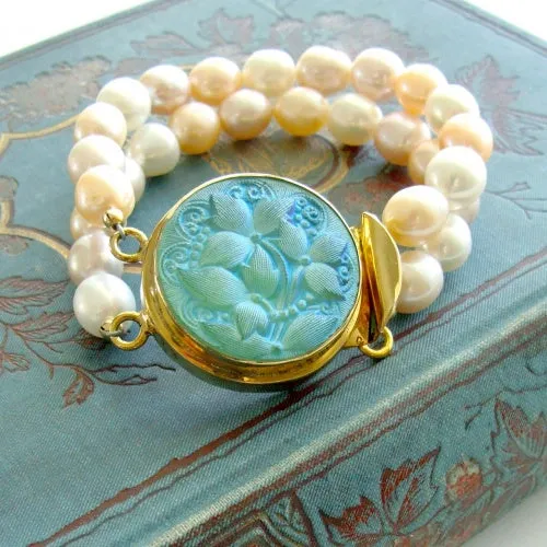 Vintage German Button Pink Peach Pearls Bracelet - Esmee Bracelet