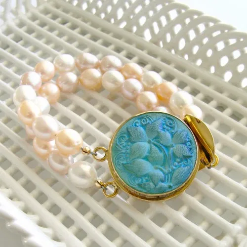 Vintage German Button Pink Peach Pearls Bracelet - Esmee Bracelet