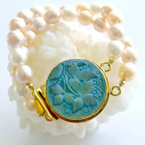 Vintage German Button Pink Peach Pearls Bracelet - Esmee Bracelet