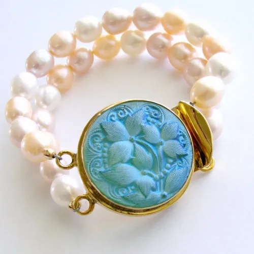 Vintage German Button Pink Peach Pearls Bracelet - Esmee Bracelet