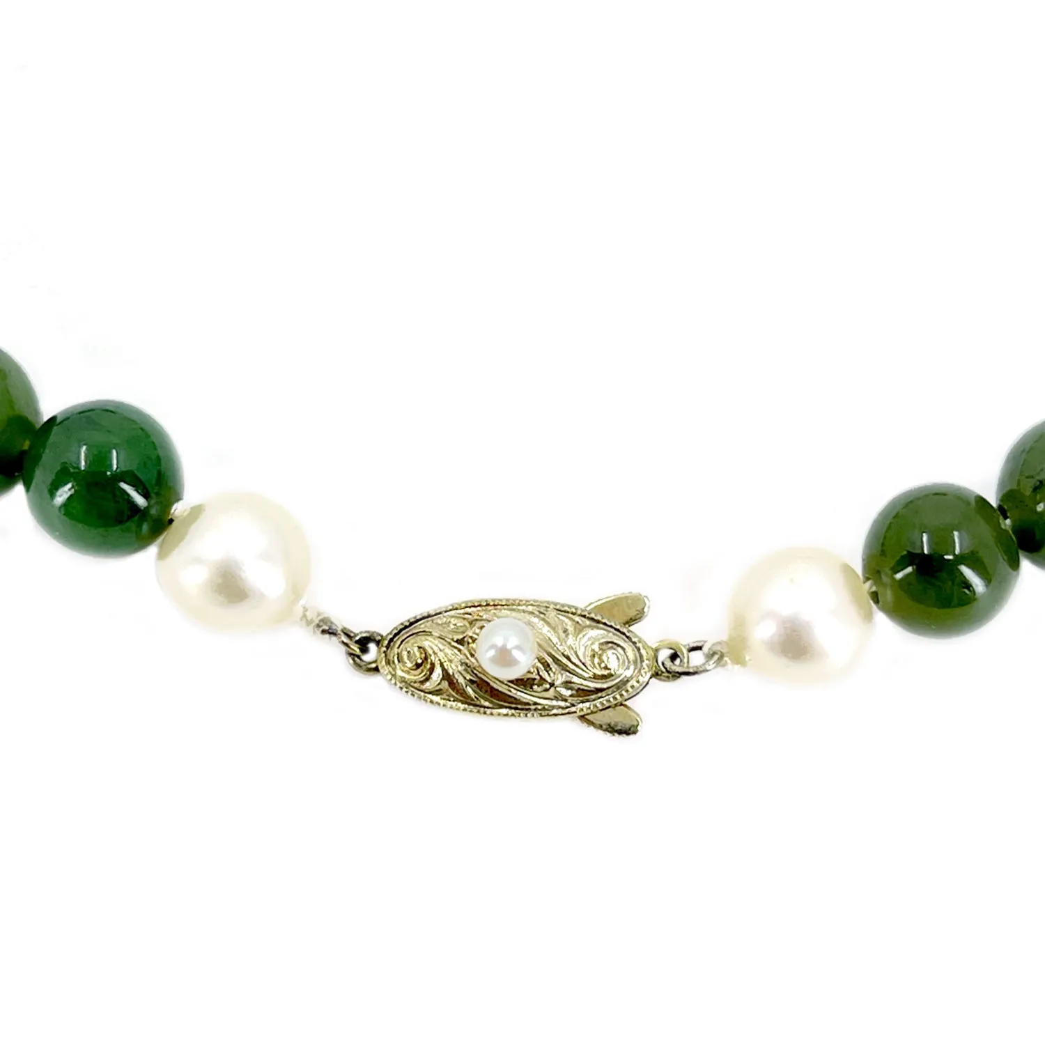 Vintage Nephrite Green Jade Baroque Japanese Saltwater Cultured Akoya Pearl Necklace- Sterling Silver Gold Plate 22 Inch