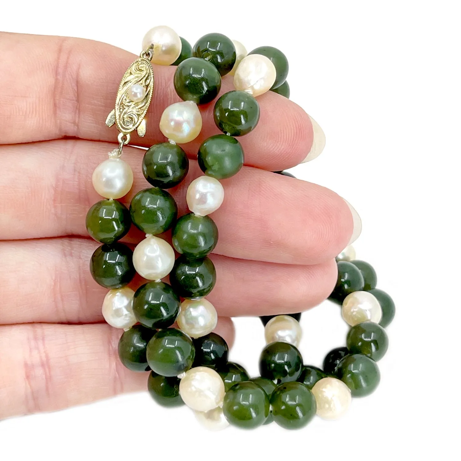 Vintage Nephrite Green Jade Baroque Japanese Saltwater Cultured Akoya Pearl Necklace- Sterling Silver Gold Plate 22 Inch
