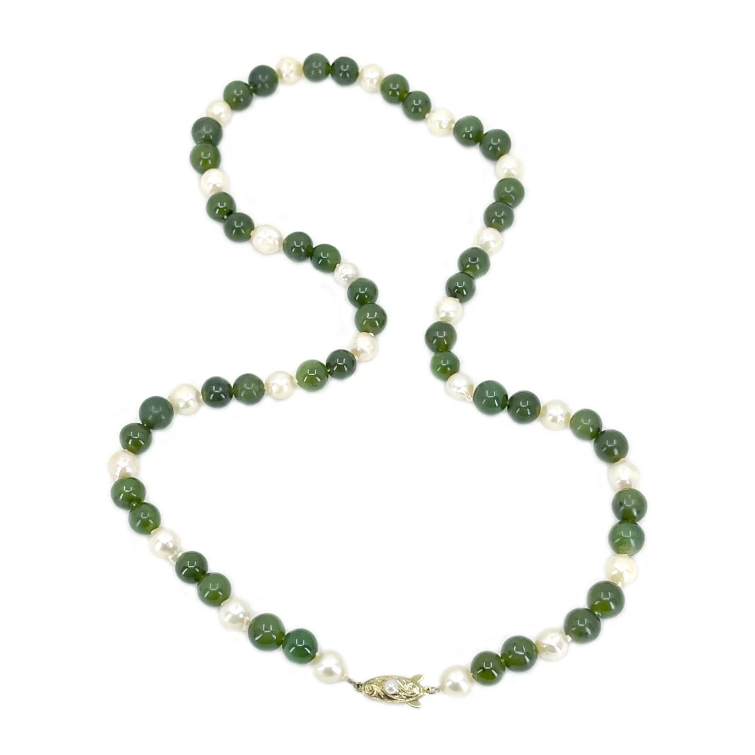 Vintage Nephrite Green Jade Baroque Japanese Saltwater Cultured Akoya Pearl Necklace- Sterling Silver Gold Plate 22 Inch