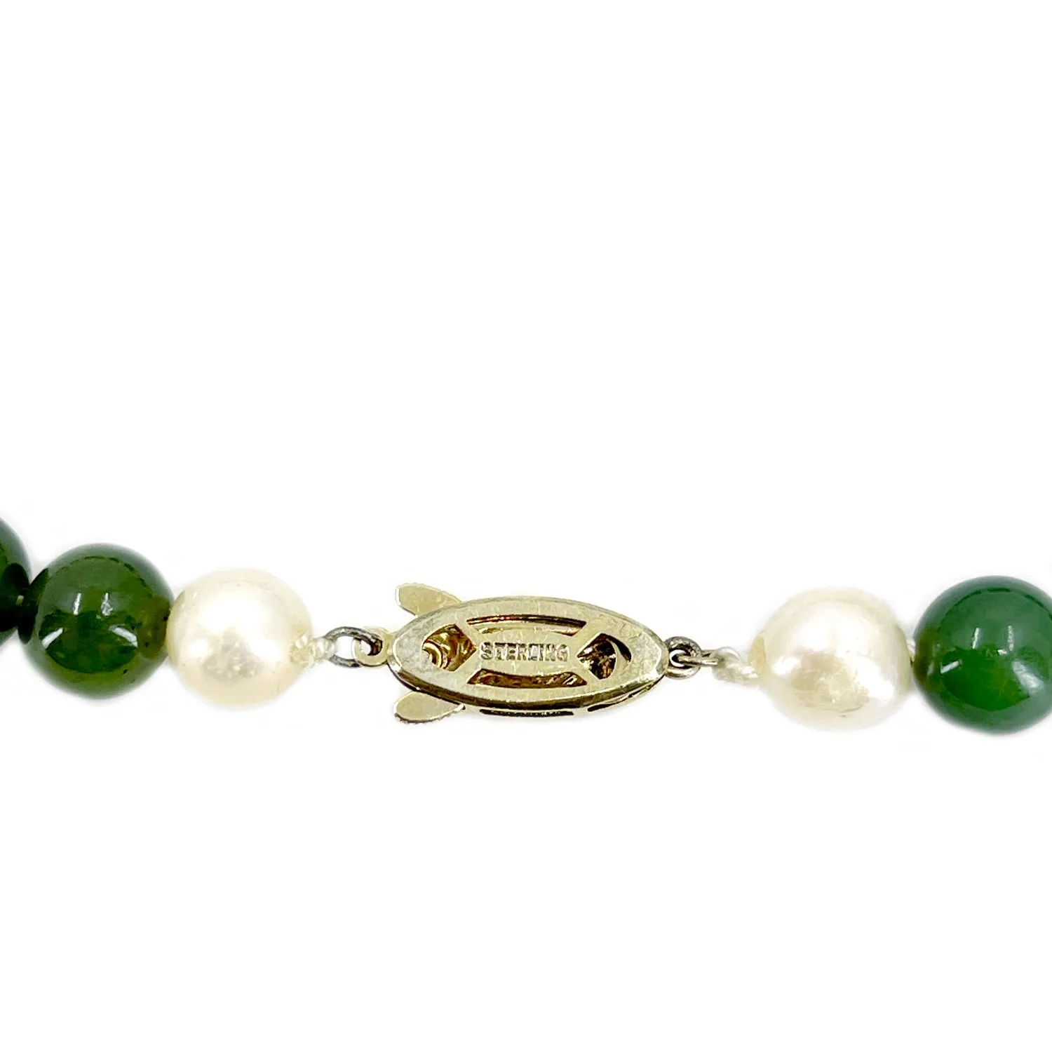 Vintage Nephrite Green Jade Baroque Japanese Saltwater Cultured Akoya Pearl Necklace- Sterling Silver Gold Plate 22 Inch
