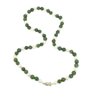Vintage Nephrite Green Jade Baroque Japanese Saltwater Cultured Akoya Pearl Necklace- Sterling Silver Gold Plate 22 Inch