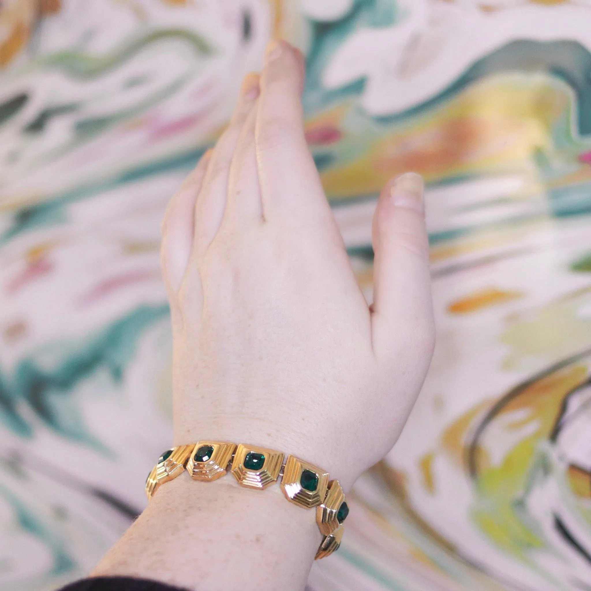 Vintage Swarovski  Gold Emerald Crystal Geometric Link Bracelet