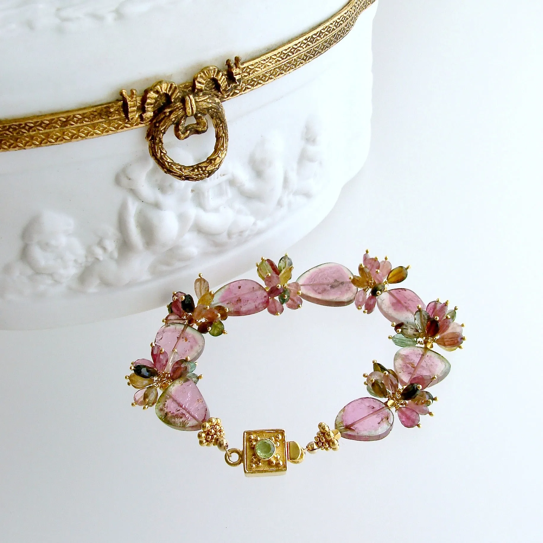 Watermelon Tourmaline Slices Tourmaline Clusters Peridot Clasp Bracelet - Clarissa V Bracelet