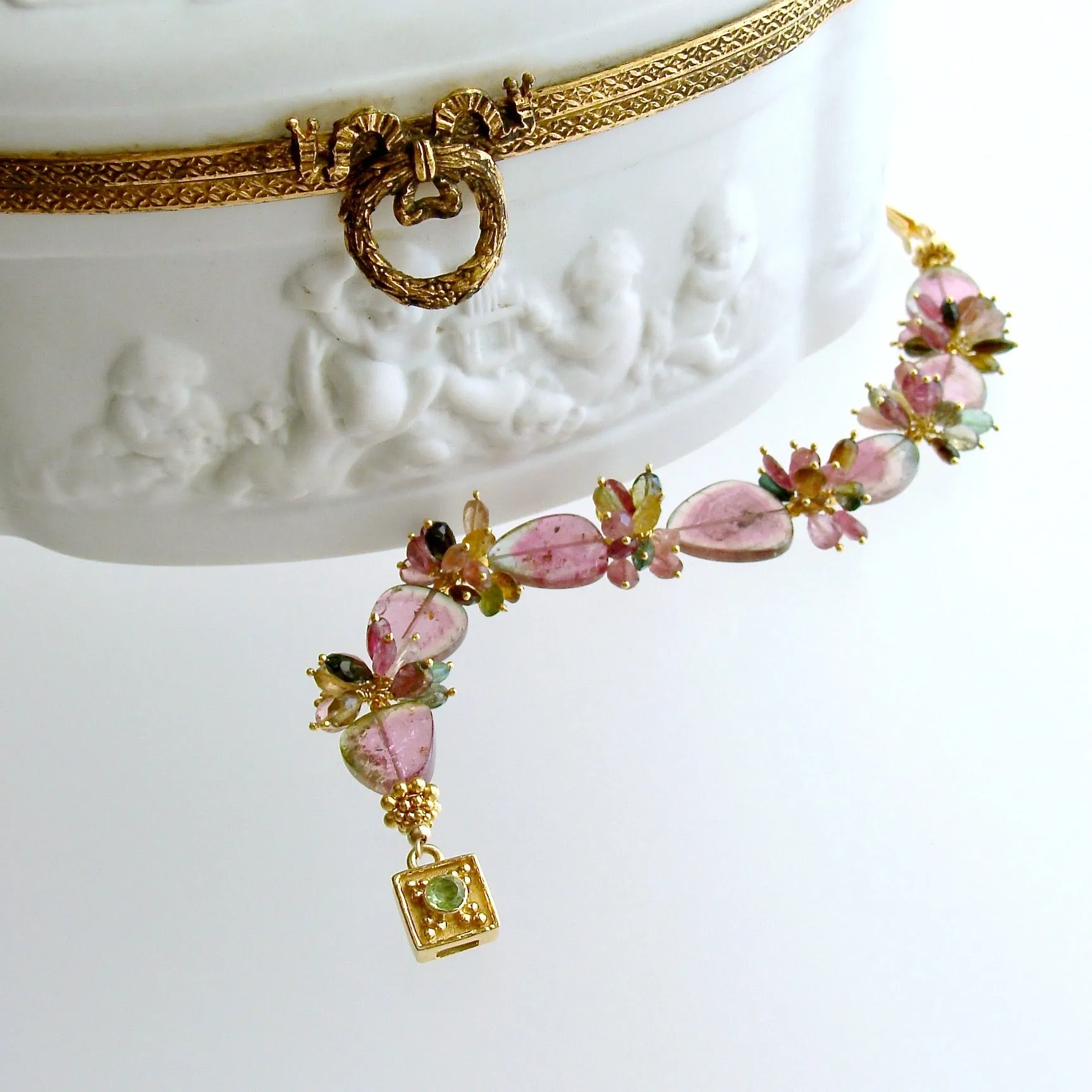 Watermelon Tourmaline Slices Tourmaline Clusters Peridot Clasp Bracelet - Clarissa V Bracelet